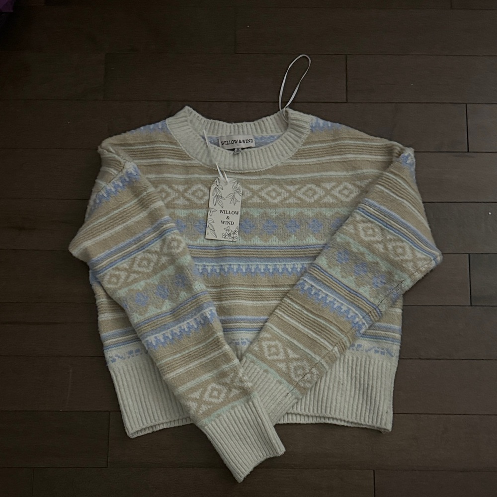 Willow & Wind Women's Patterned Crew Neck Sweater - Cream and Blue
